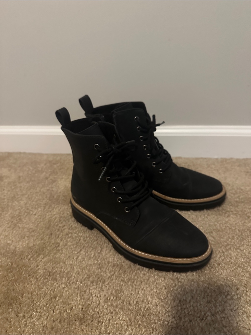 Toms Black Lace-Up Combat Boots with Tan Trim